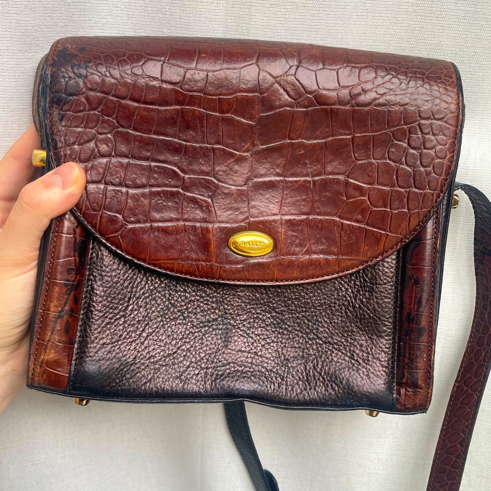Bally Vintage Crocodile and Canvas Leather Crossbody Purse